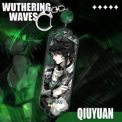 Wuthering waves cartoon anime strip pendant keychain made of translucent green acrylic featuring a character design
