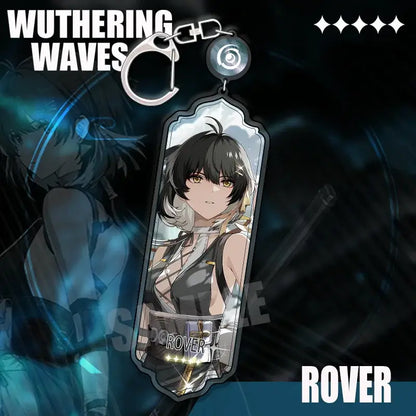 Wuthering waves acrylic keychain with cartoon anime character in black hair and gold eyes strip pendant design