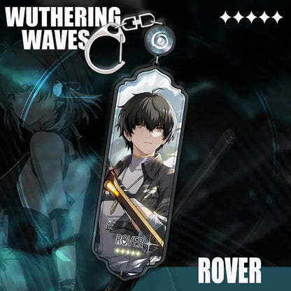Silver-framed acrylic wuthering waves keychain featuring black-haired character with golden eyes and glowing sword strip pendant