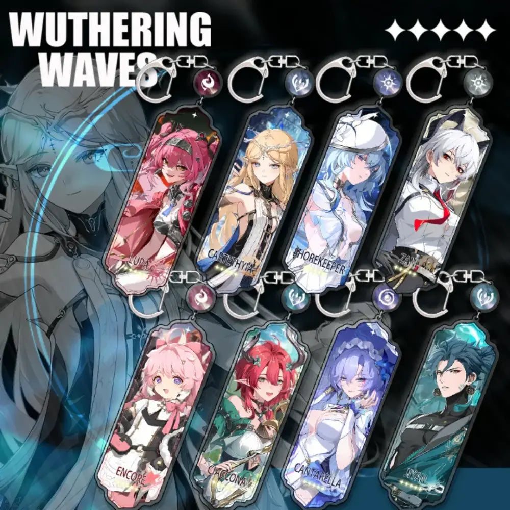 Set of eight translucent acrylic wuthering waves keychains featuring colorful cartoon anime strip pendant designs