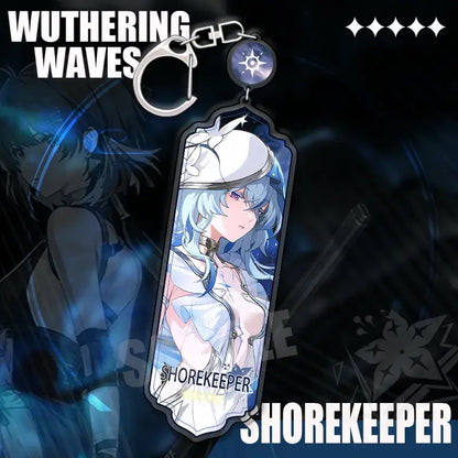 Wuthering waves cartoon anime strip pendant keychain in translucent blue and white acrylic featuring silver haired character