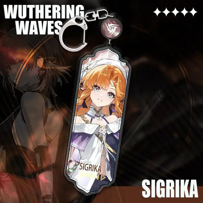 Translucent acrylic wuthering waves hiyuki keychain with orange hair and white purple outfit cartoon anime strip pendant
