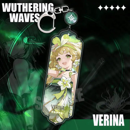 A translucent green and white acrylic wuthering waves cartoon anime strip pendant keychain with a silver carabiner clip
