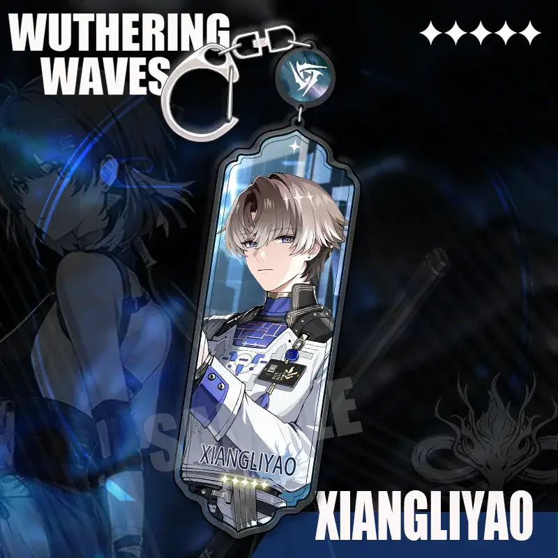 Wuthering waves acrylic keychain in translucent blue and white featuring cartoon anime strip pendant with xiangliyao design