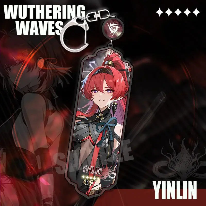 Translucent acrylic wuthering waves keychain featuring yinlin with vibrant red hair in dark armor strip pendant design
