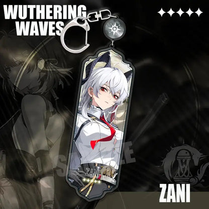 A sleek transparent acrylic wuthering waves keychain featuring a detailed zani illustration cartoon anime strip pendant