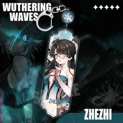 A translucent acrylic wuthering waves cartoon anime strip pendant keychain featuring a dark-haired character with glasses and a snowflake emblem