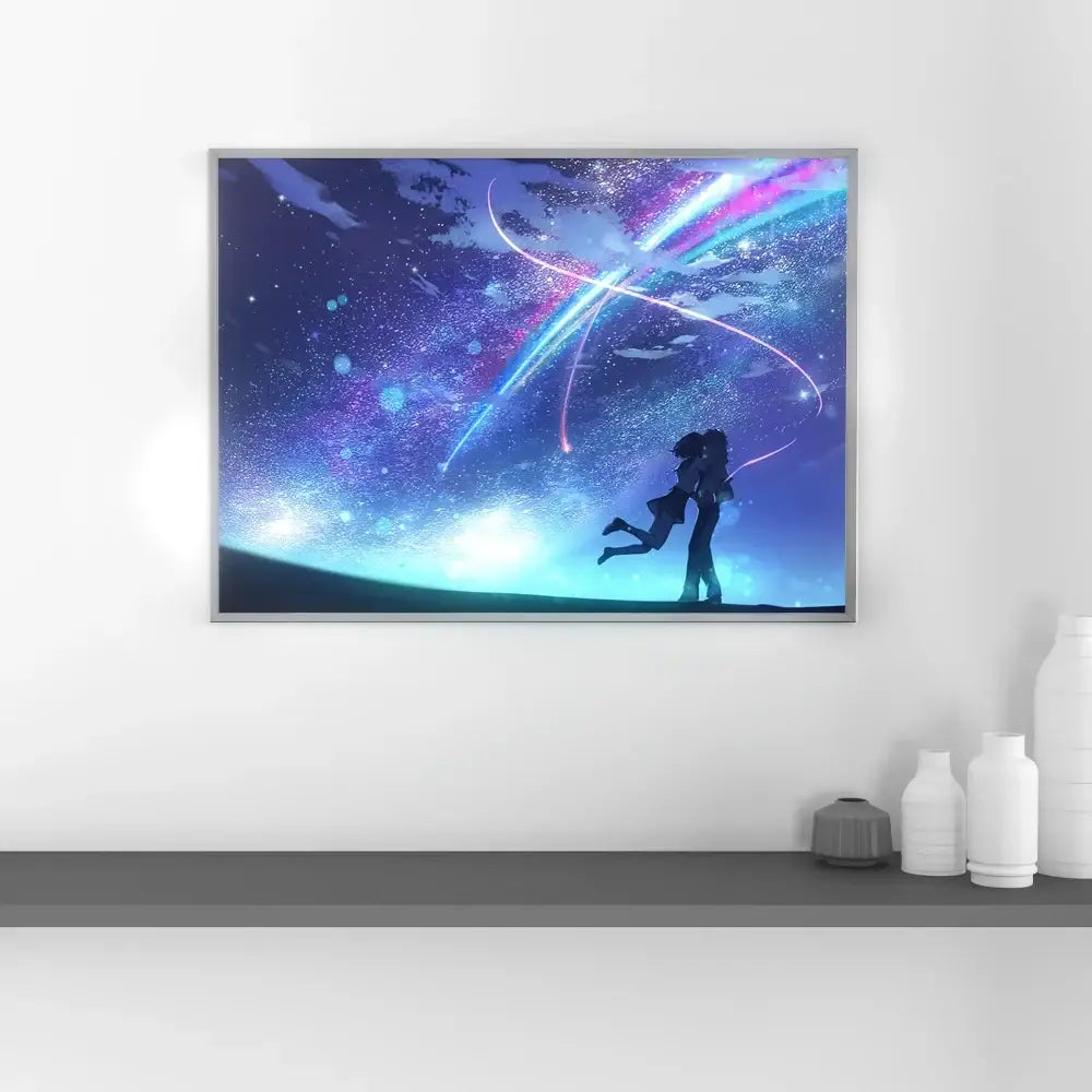 A framed anime-style canvas print of a couple with vibrant cosmic colors in your name mitsuha led night light wall art