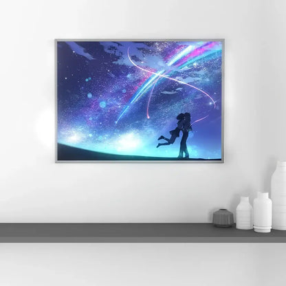 A framed anime-style canvas print of a couple with vibrant cosmic colors in your name mitsuha led night light wall art