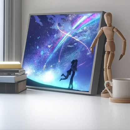 A framed your name taki tachibana led night light wall art with vibrant neon light trails and a deep blue starry background