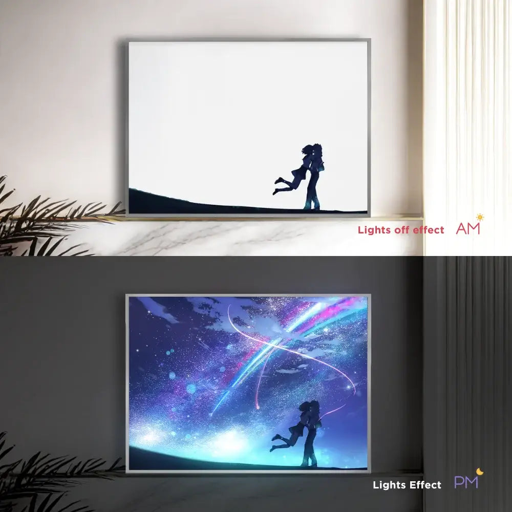 Your name taki tachibana led night light wall art features a sleek rectangular canvas with glowing blue and purple cosmic hues