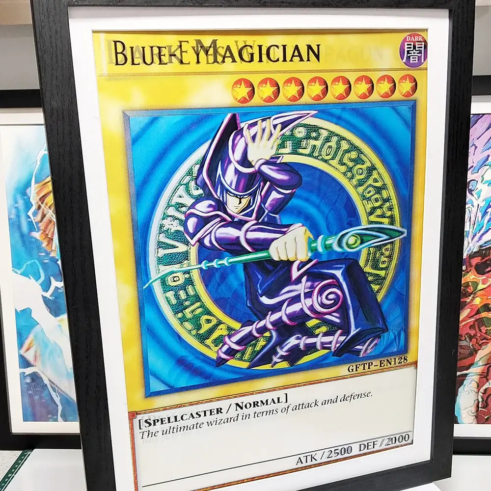 Framed blue-eyes white dragon yu-gi-oh trading card with purple wizard on swirling blue and gold background 3d lenticular poster
