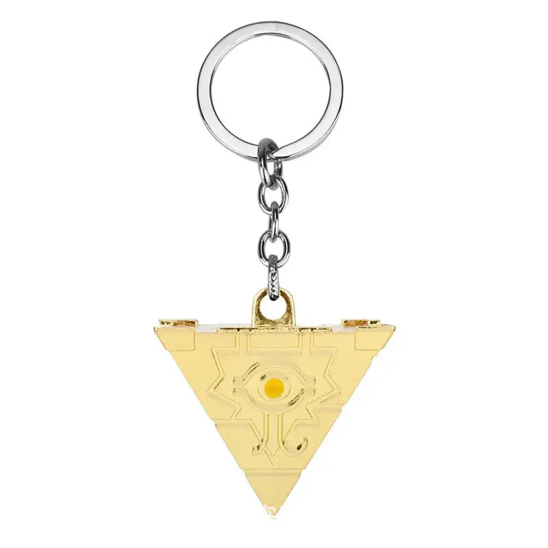 Gold-colored alloy pendant necklace featuring a triangular keychain with an embossed eye symbol and silver-tone chain