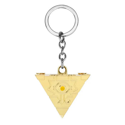Gold-colored alloy pendant necklace featuring a triangular keychain with an embossed eye symbol and silver-tone chain